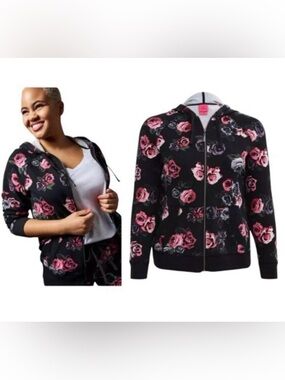 Torrid Betsey Johnson Floral Terry Hoodie Zip Jacket Pocket Stretch 5X Blk Pink